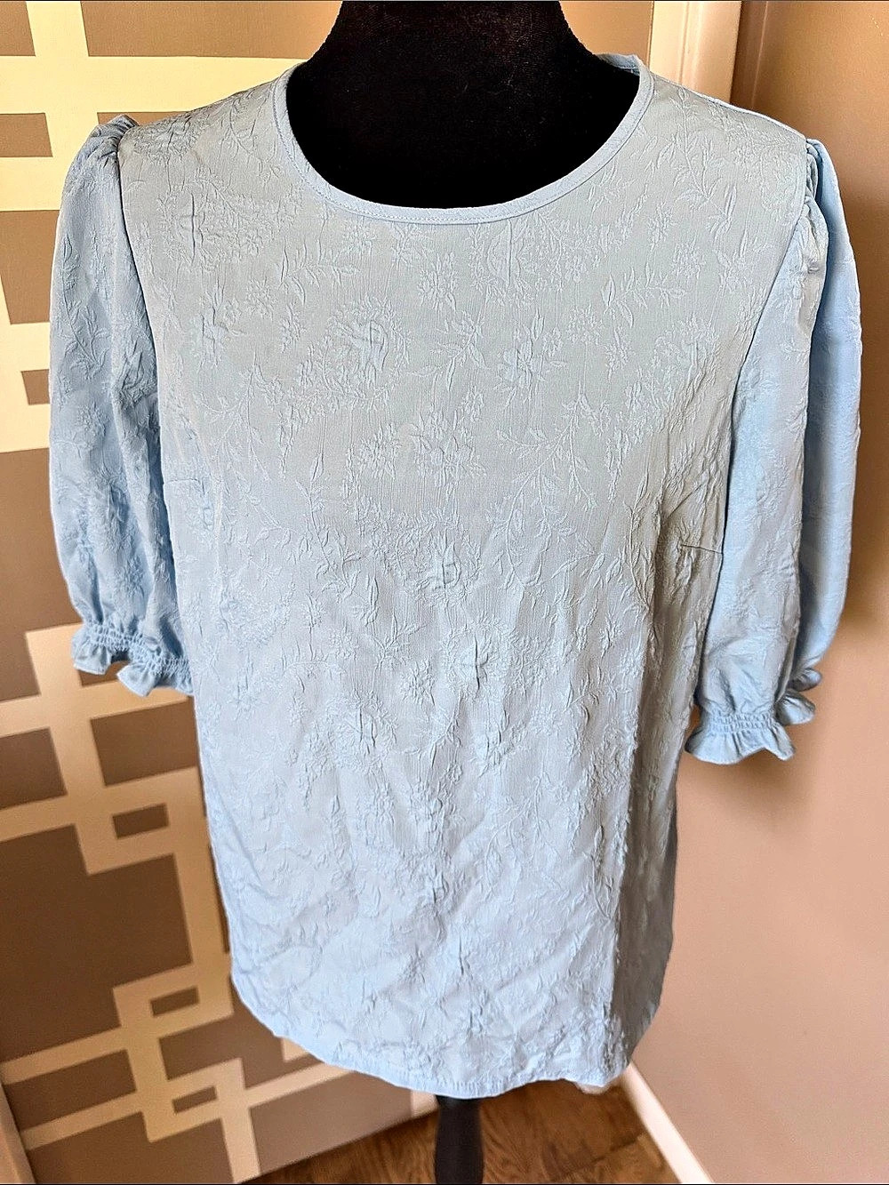 NWT Ted Baker Light Blue Jacquard Textured Puff Sleeve Blouse Size Small